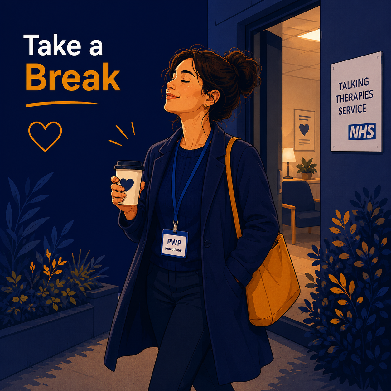Female Psychological Wellbeing Practitioner taking a short break between appointments, enjoying fresh air and a coffee outside an NHS Talking Therapies service to support wellbeing and prevent burnout.