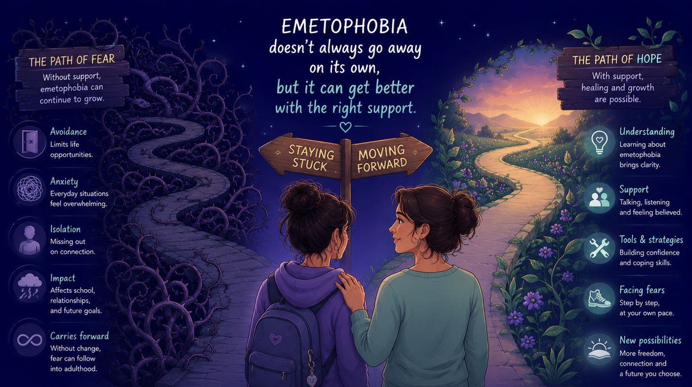 An image showing a young girl making a choice between being stuck in her emetophobia or moving forwards recovery