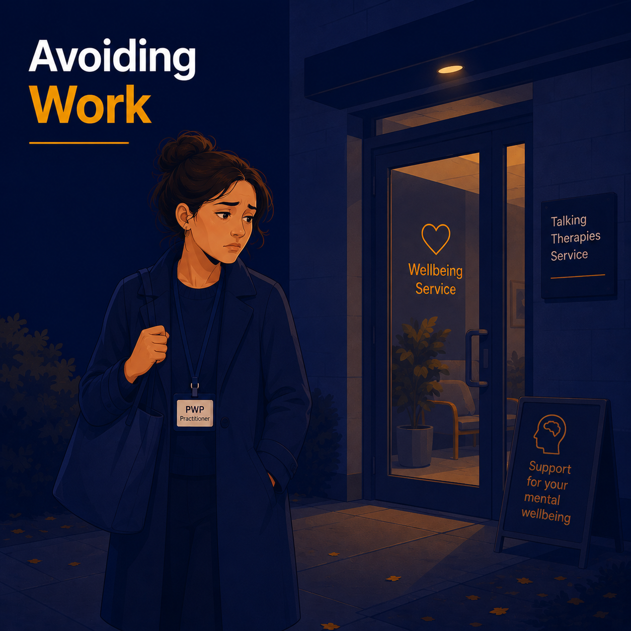 Female Psychological Wellbeing Practitioner standing outside her workplace looking reluctant to enter, illustrating work avoidance as a warning sign of burnout.