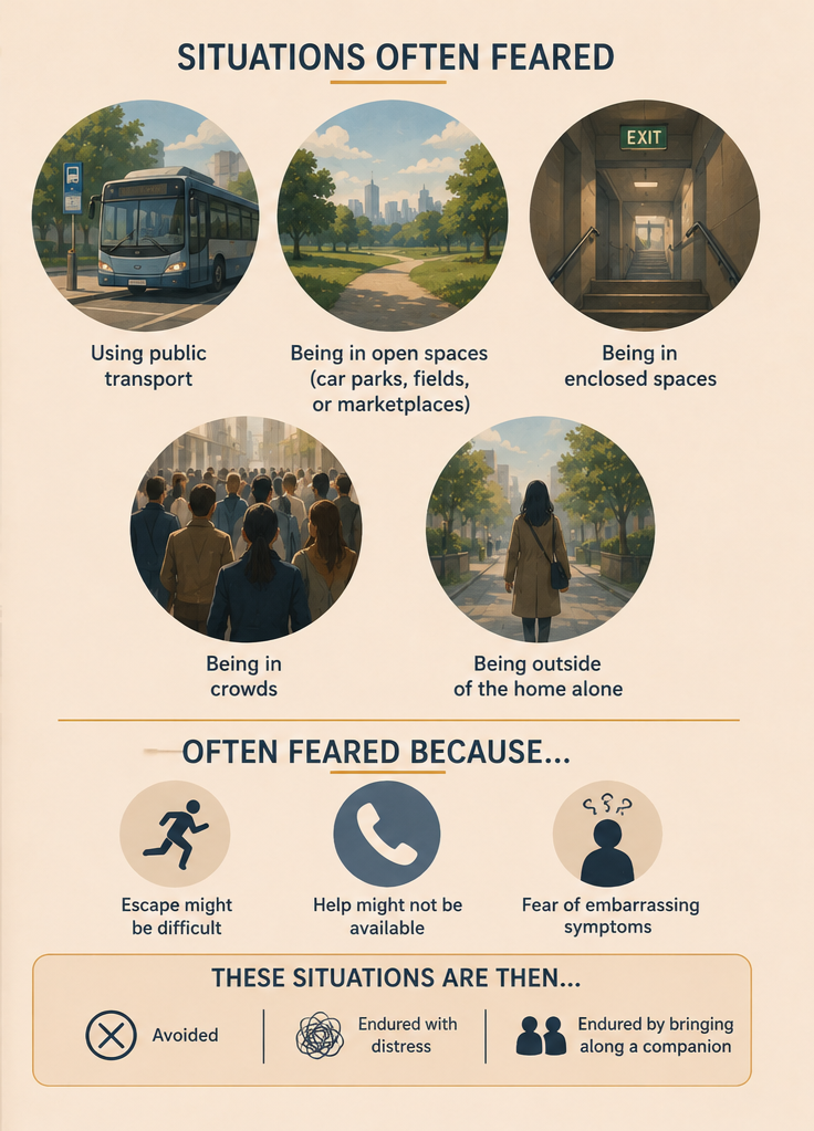 Illustration representing situations commonly feared with agoraphobia, including public transport, crowds, open spaces and enclosed spaces.