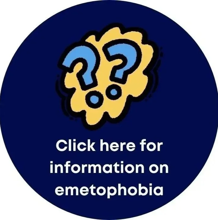 Blue circular button with yellow and blue cloud-like illustration above the text 'Click here for information on emetophobia'.