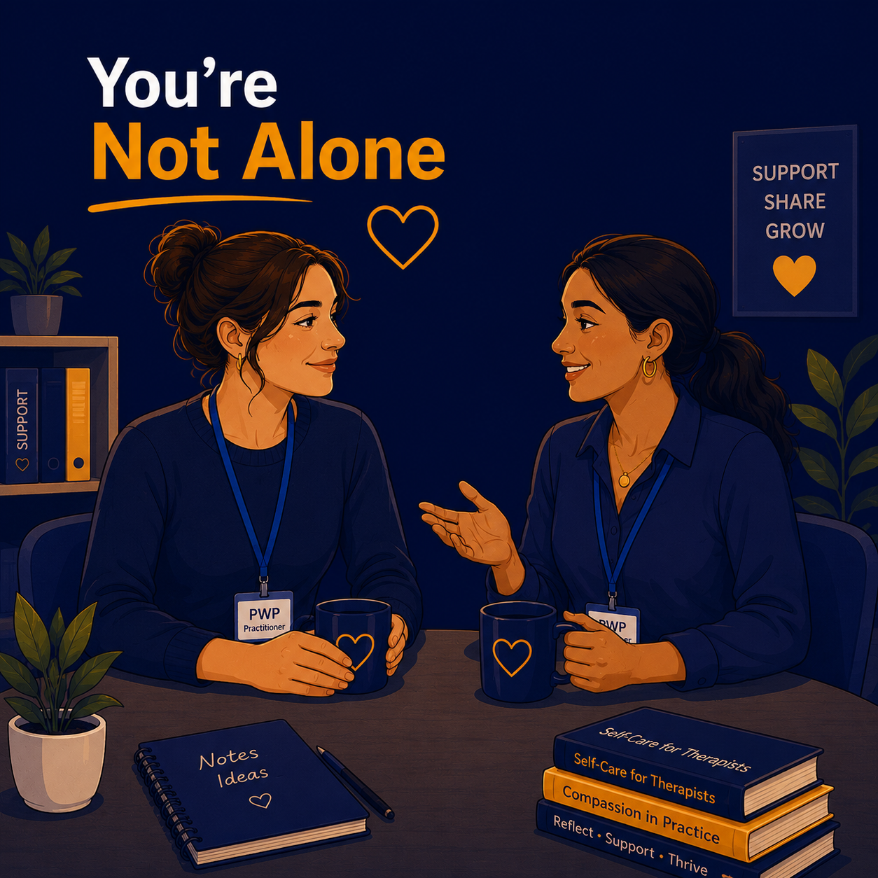 Two Psychological Wellbeing Practitioners sharing a supportive conversation over coffee, illustrating the importance of peer support, debriefing, and colleague wellbeing in preventing burnout.