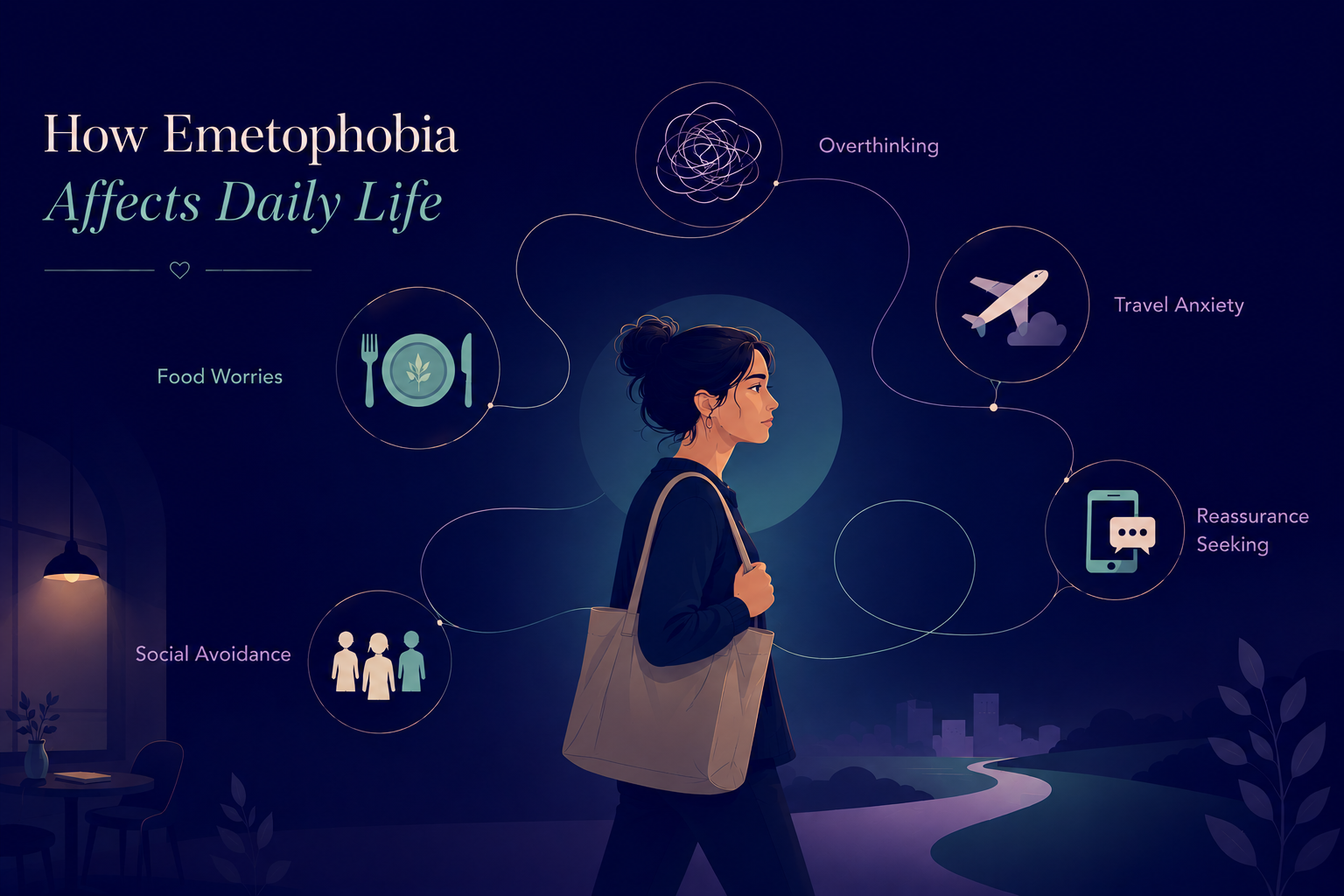 An image of a few ways emetophobia can affect a persons life: food worries, social avoidance, overthinking, travel anxiety and reassurance seeking