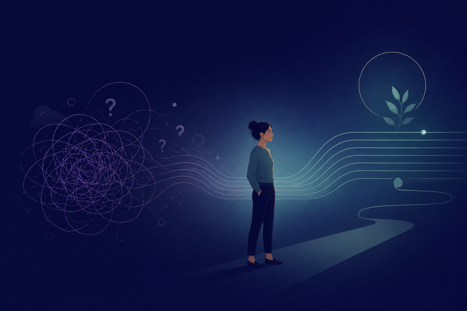 A woman with her anxiety behind her, looking towards a calmer future