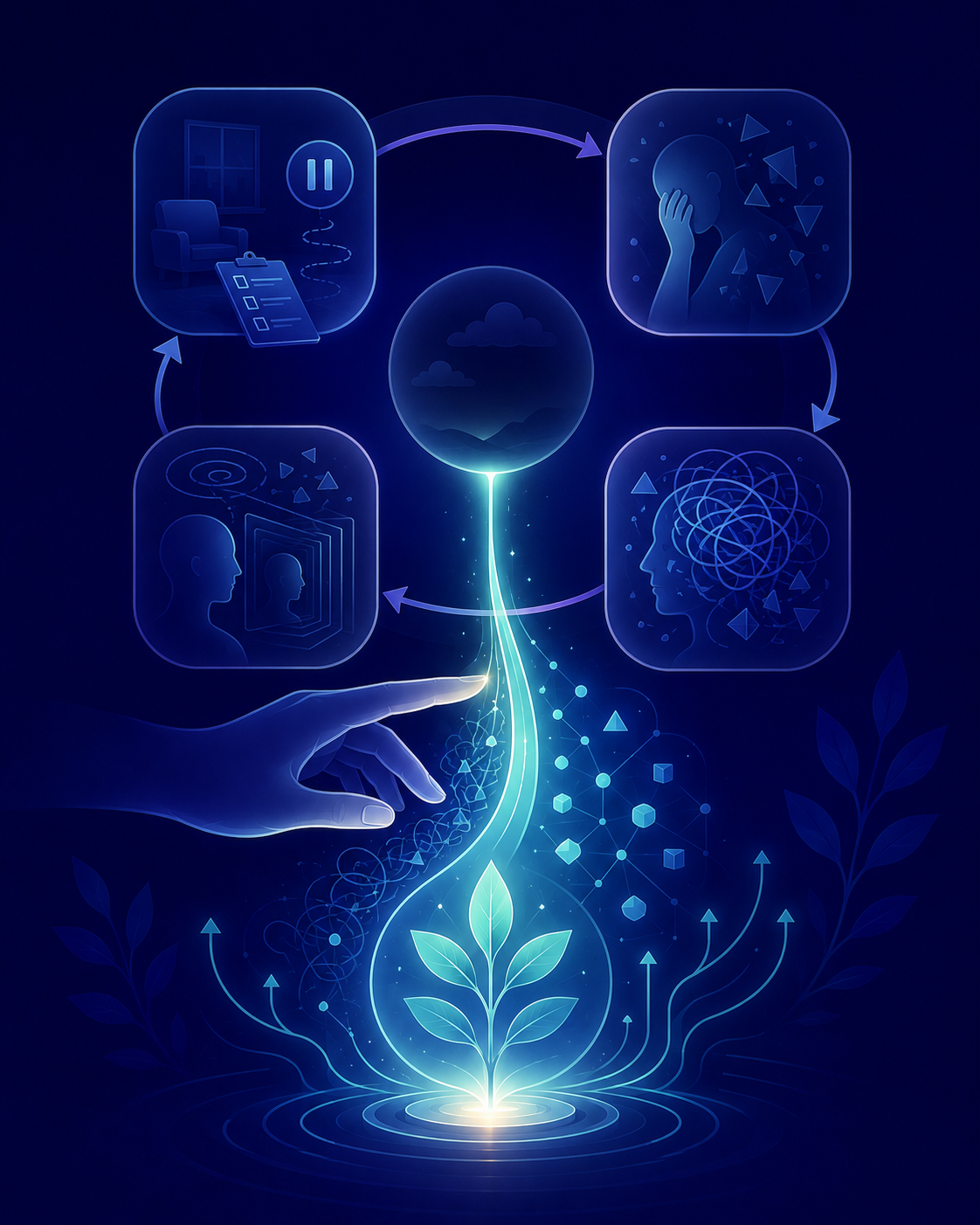 Illustration showing how cognitive restructuring in CBT interrupts the depression cycle by breaking patterns of avoidance, self-criticism and negative thinking, leading to balanced thinking, increased activity and emotional recovery.