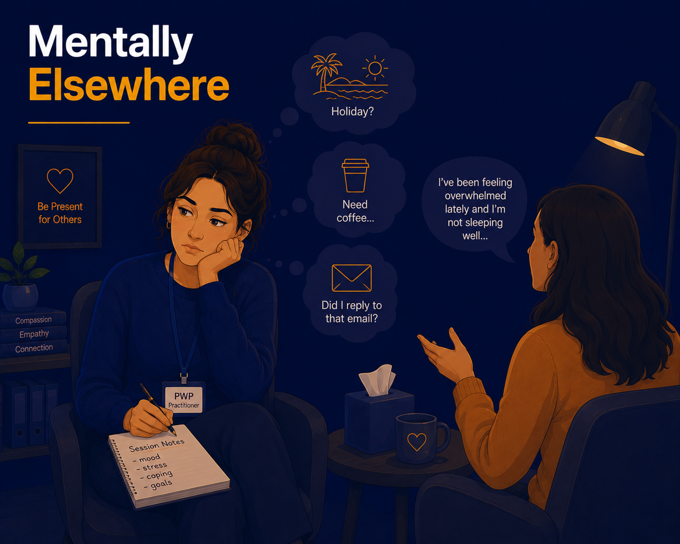 Female Psychological Wellbeing Practitioner appearing distracted during a therapy session while a patient speaks, illustrating difficulty concentrating and staying present as a sign of burnout.