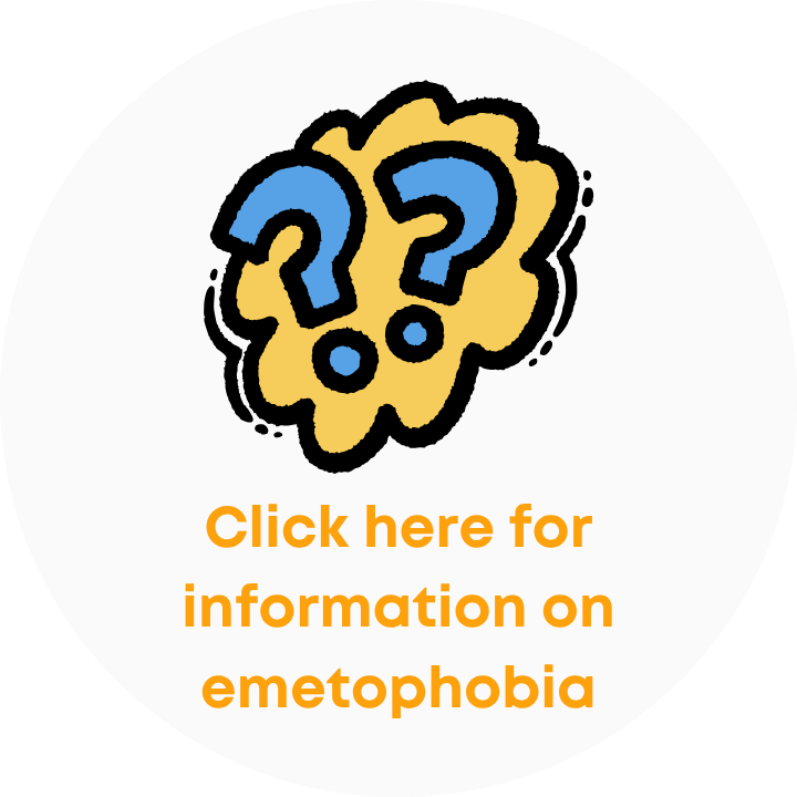White circular button with yellow and blue cloud-like illustration above the text 'Click here for information on emetophobia'.