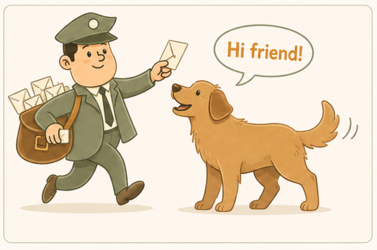 Illustration showing the dog allowing the postman to leave without barking, demonstrating how dropping safety behaviours creates an opportunity for new learning.