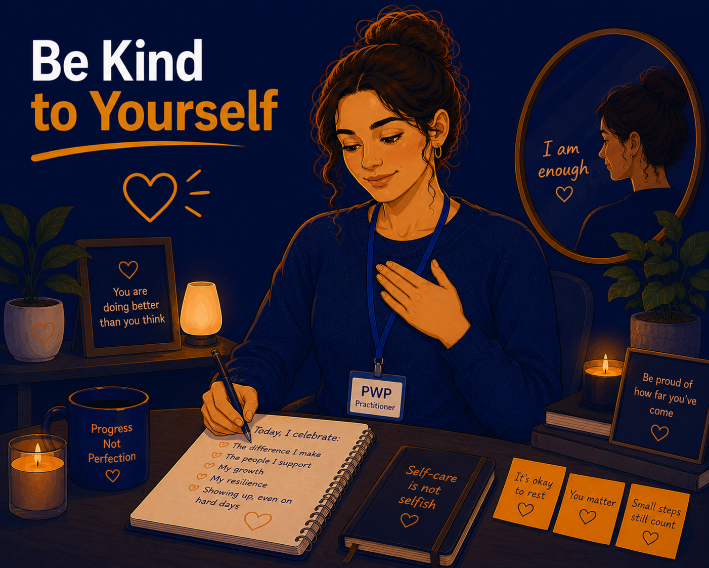 Female Psychological Wellbeing Practitioner reflecting on her achievements and practising self-compassion, illustrating kindness towards oneself as an important self-care strategy for preventing burnout.