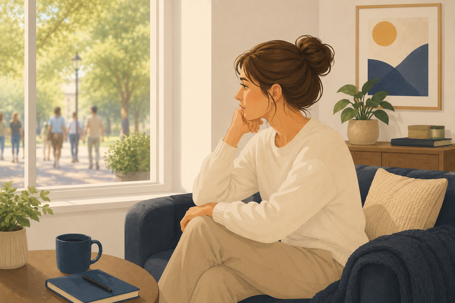 Illustration of someone staring out of a window before experiencing a panic attack and sudden feelings of intense fear and anxiety.