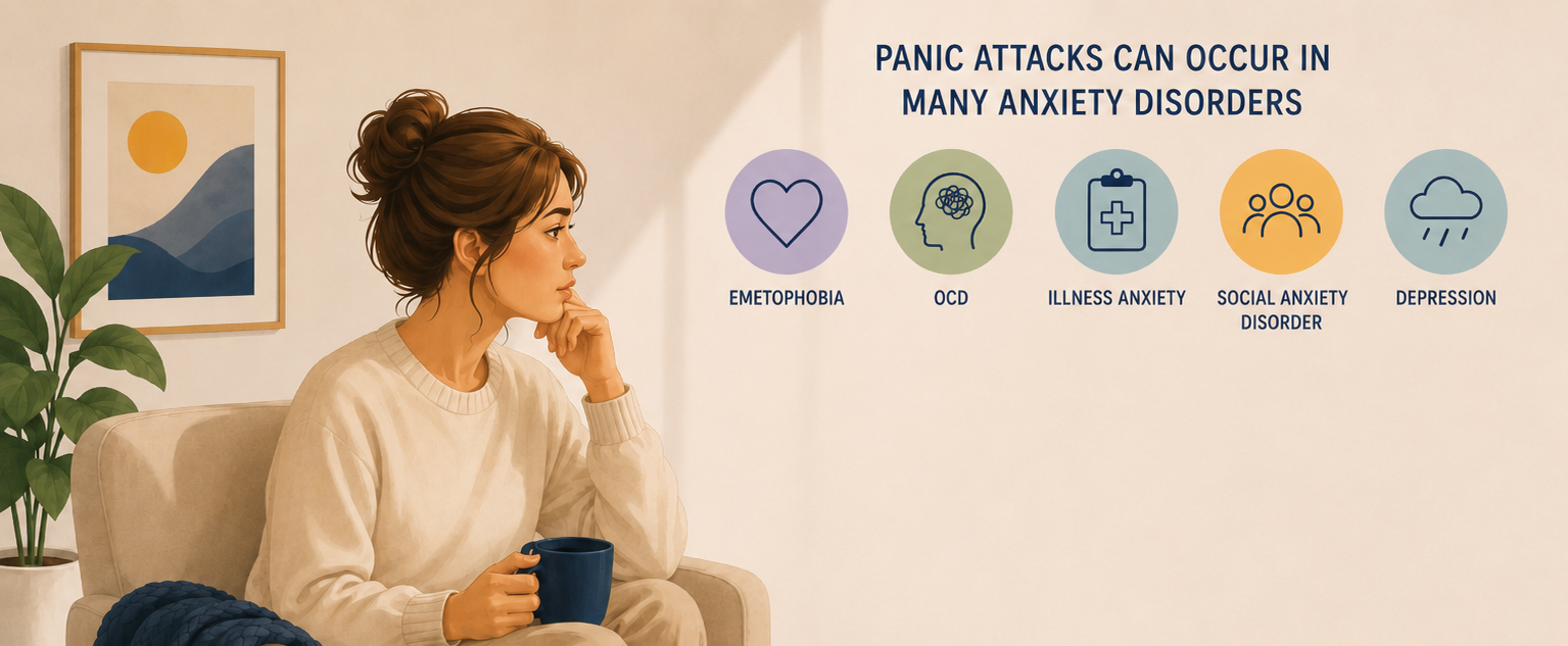 Woman learning how panic attacks can occur with emetophobia, OCD, illness anxiety, social anxiety disorder and depression.