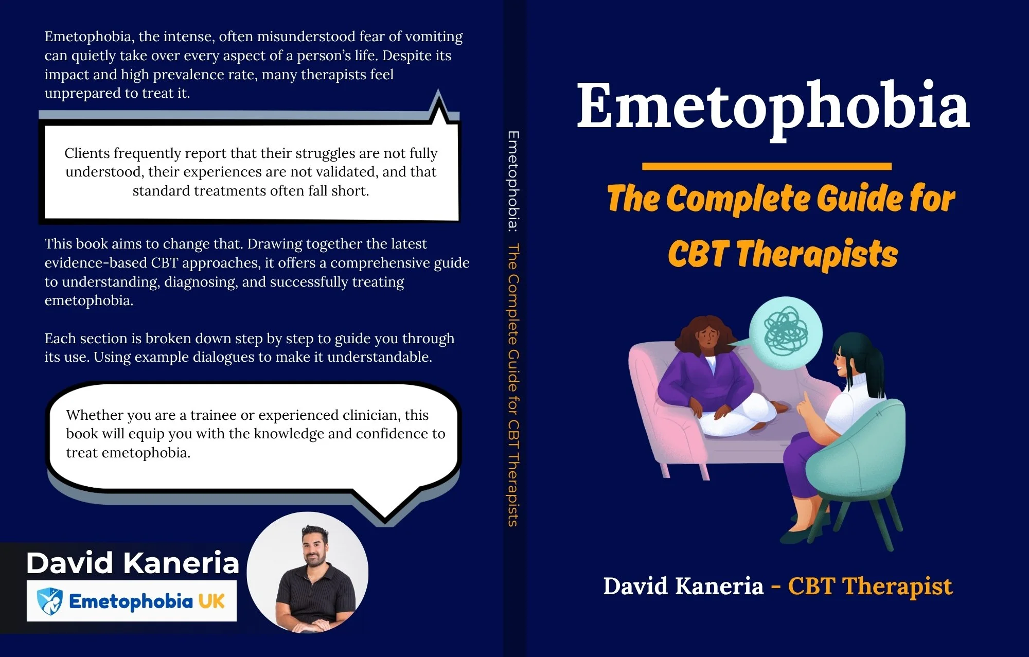 The front and back cover of a textbook called Emetophobia: The Complete Guide for CBT Therapists