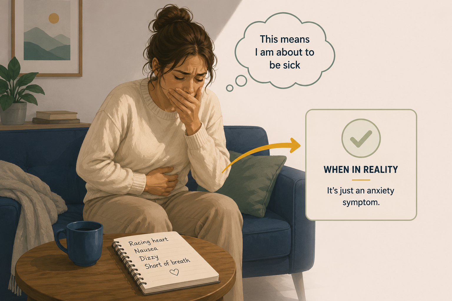 Illustration showing how physical anxiety symptoms such as nausea, dizziness and a racing heart can be misinterpreted as signs of danger.