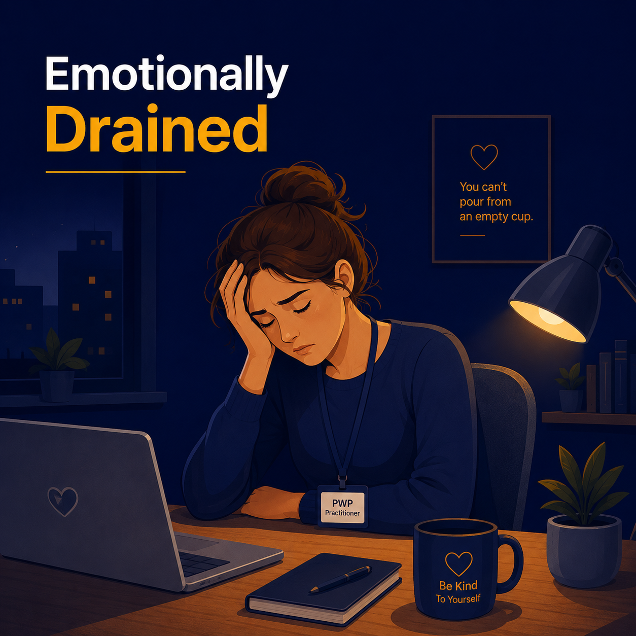 Female Psychological Wellbeing Practitioner showing signs of emotional exhaustion and burnout while sitting tired at her desk after a day of patient appointments.