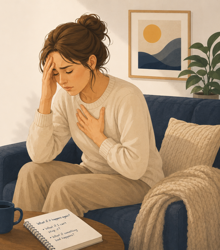 Illustration showing common panic attack symptoms including a racing heart, sweating, shaking, dizziness and shortness of breath.