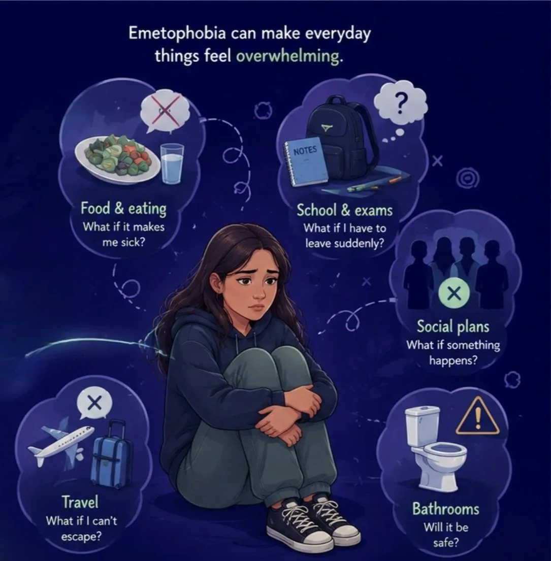 Am image of a teenage girl with pictures of a few struggles she has. Travel, bathrooms, social plans, school and eating