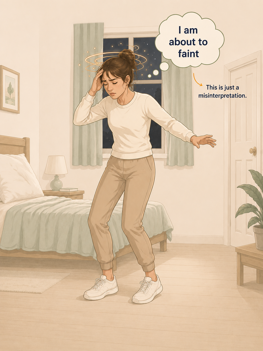 Illustration explaining why adrenaline, rapid breathing and the fight or flight response can cause racing thoughts and dizziness during panic attacks.