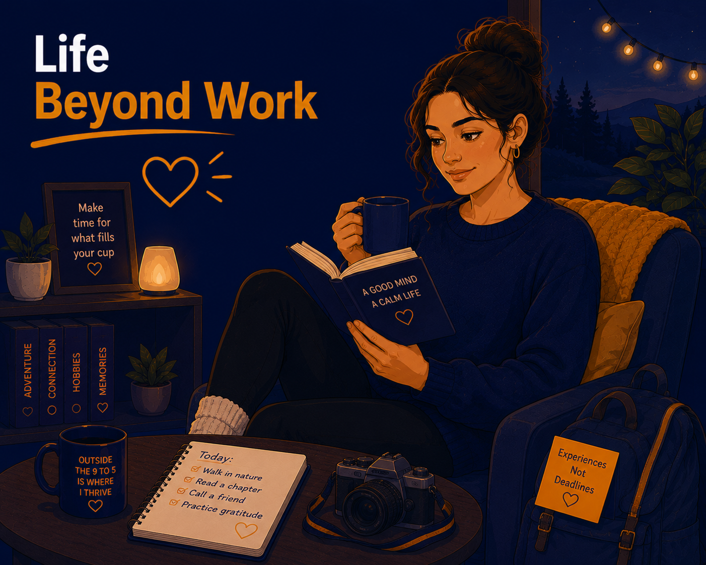 Female Psychological Wellbeing Practitioner relaxing outside of work while reading and enjoying personal time, illustrating the importance of work-life balance, hobbies, and wellbeing in preventing burnout.