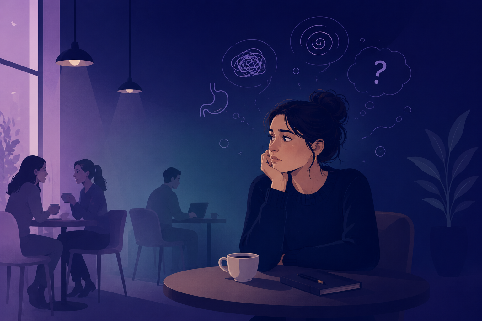 A woman in a coffee shop, staring off into the distance worrying