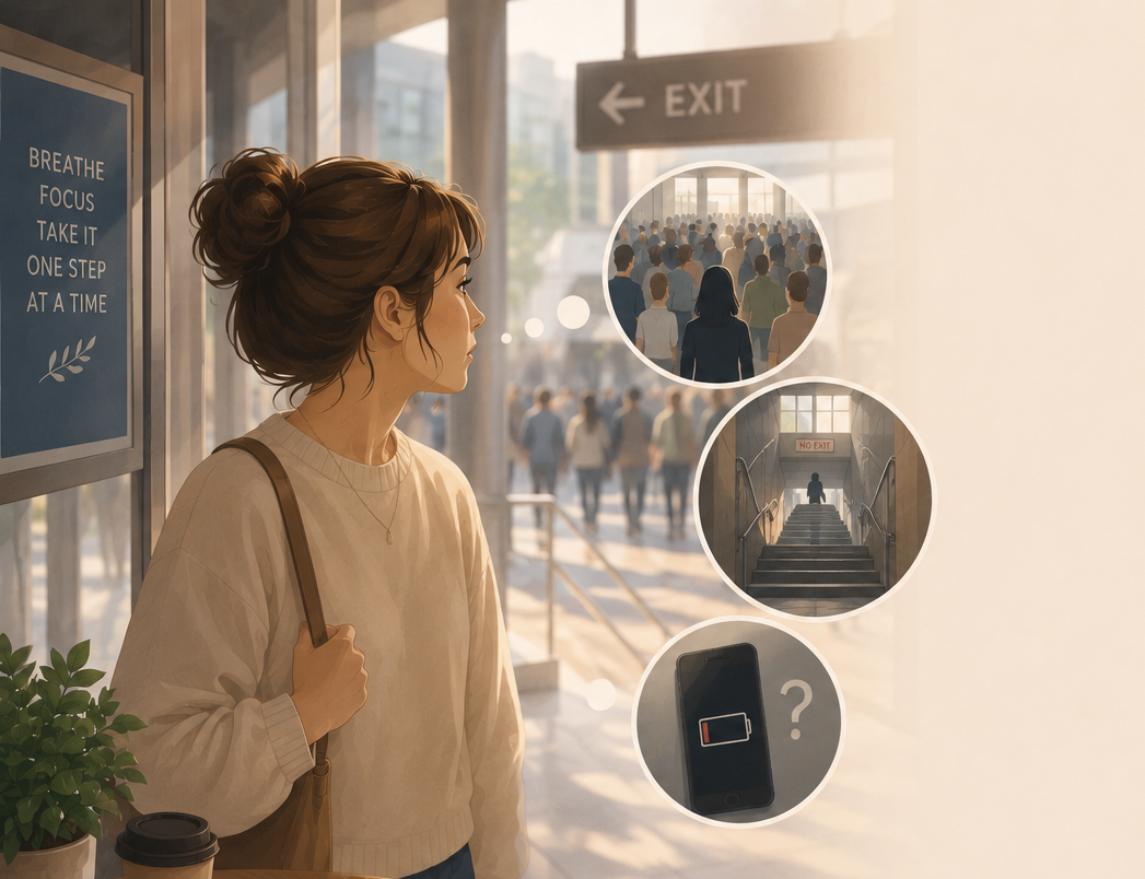 Illustration of agoraphobia and the fear of situations where escape may feel difficult or help may not be available.