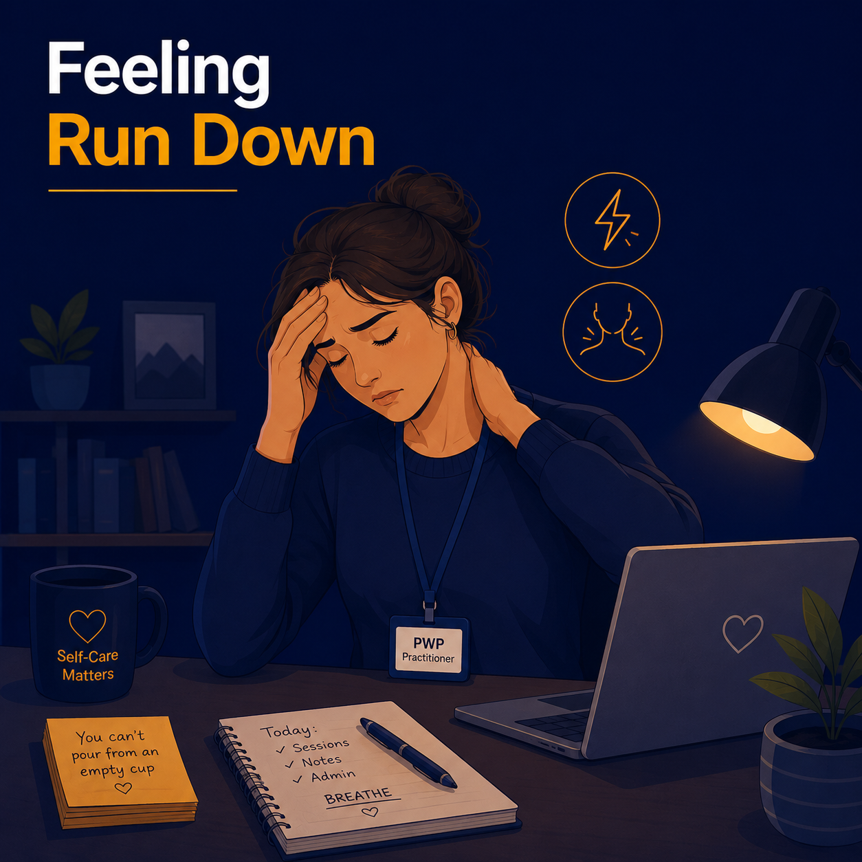 Female Psychological Wellbeing Practitioner experiencing physical symptoms of burnout, including fatigue, headaches, and muscle tension while working at her desk.