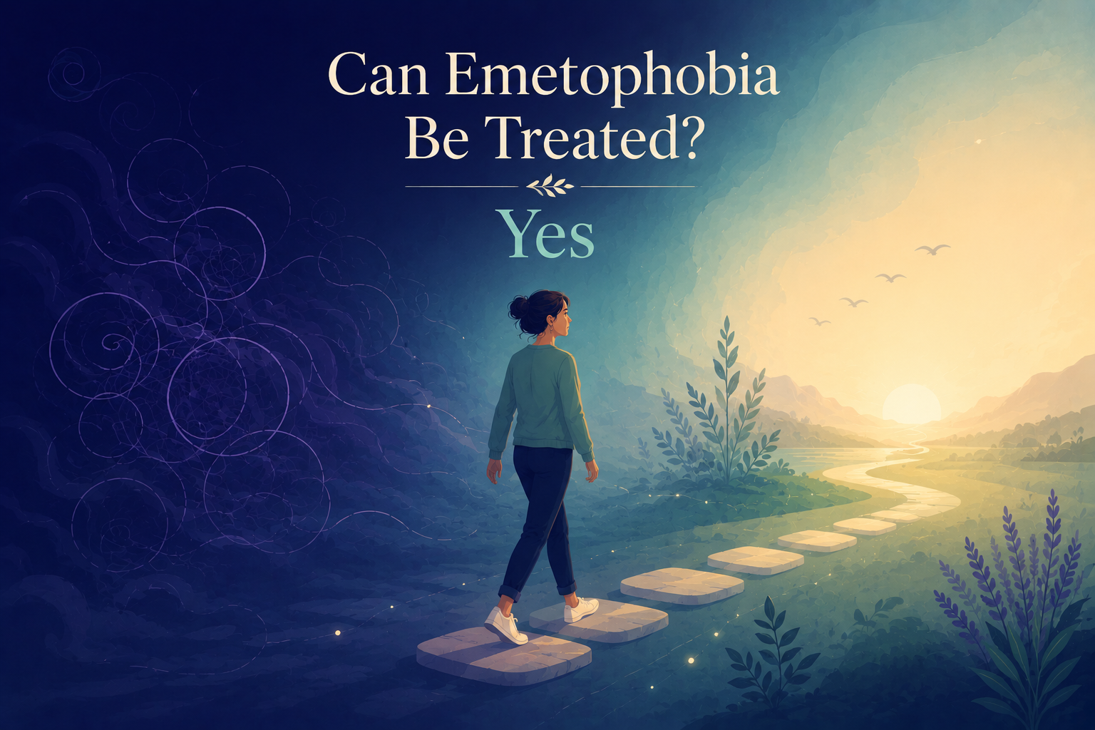 An image of a woman walking towards recovery, with the title "Can emetophobia be treated? Yes"