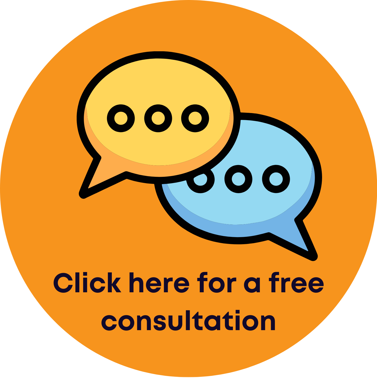 Orange circular button with two speech bubbles, one yellow and one blue, containing three dots each. Text below reads 'Click here for a free consultation'.