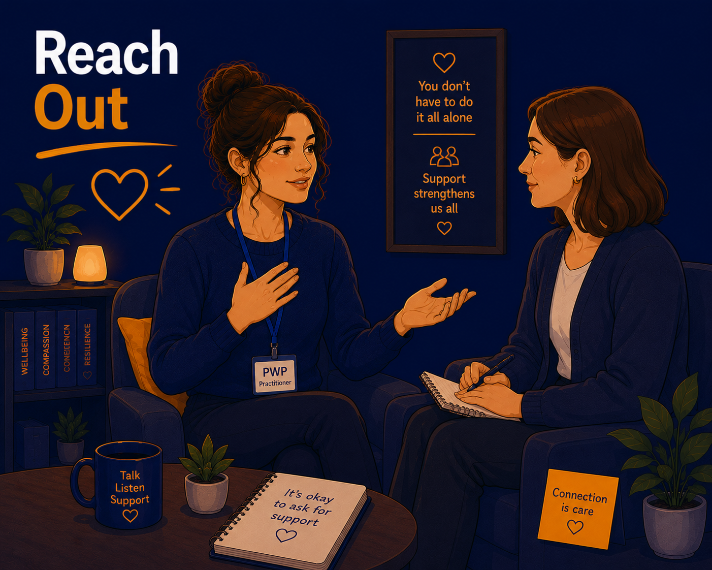 Female Psychological Wellbeing Practitioner speaking with a supportive professional in a wellbeing setting, illustrating the importance of seeking support, supervision, and help when feeling overwhelmed.