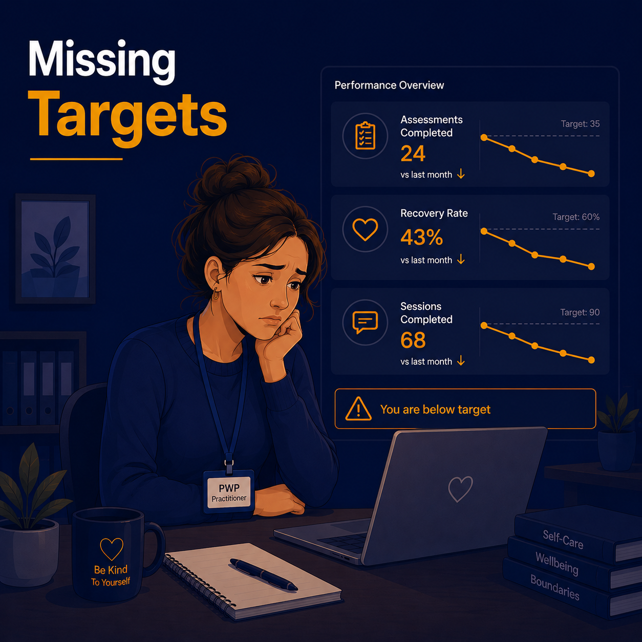 Female Psychological Wellbeing Practitioner looking concerned at declining performance metrics, including assessments completed, recovery rate, and sessions completed, illustrating burnout and reduced performance.