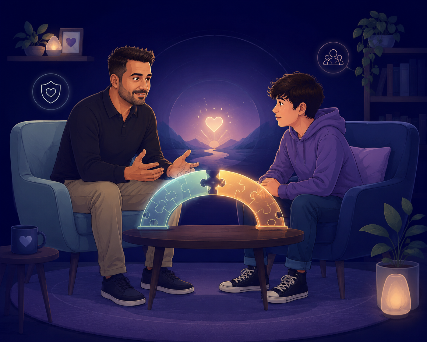 A cartoon image of the therapist David Kaneria working with a child