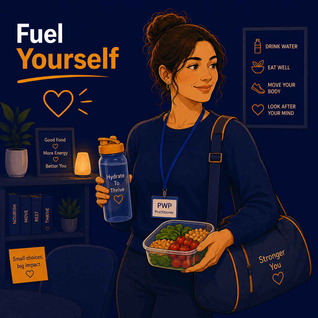 Female Psychological Wellbeing Practitioner carrying a healthy lunch, water bottle, and gym bag, illustrating the importance of nutrition, exercise, hydration, and physical wellbeing in preventing burnout.