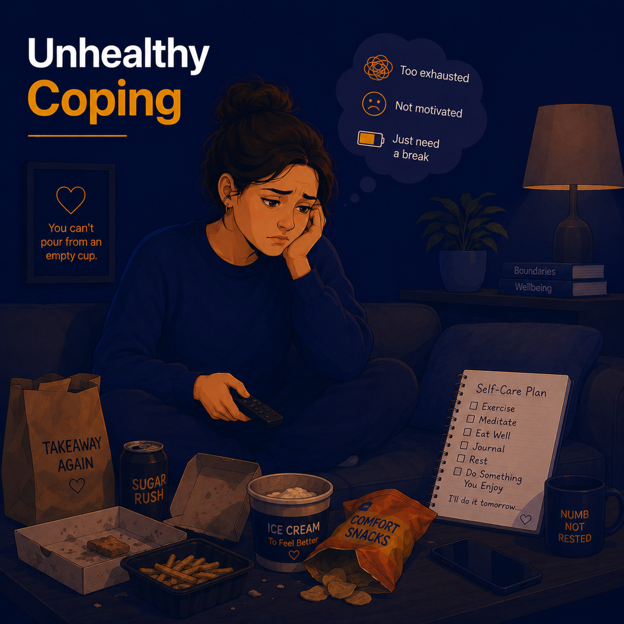 Female Psychological Wellbeing Practitioner sitting at home surrounded by takeaway food and snacks while ignoring a self-care plan, illustrating unhealthy coping strategies as a sign of burnout.