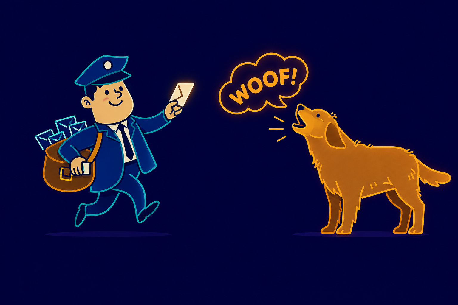 Illustration showing a dog barking at a postman. Used to explain how safety behaviours in emetophobia and anxiety can appear helpful because the feared outcome does not occur, reinforcing the belief that the behaviour prevented danger.