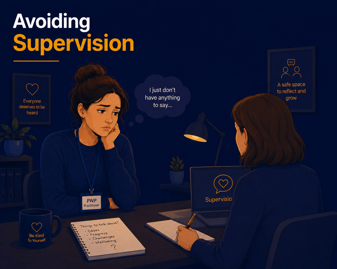Female Psychological Wellbeing Practitioner appearing disengaged during clinical supervision, illustrating supervision avoidance as a warning sign of burnout and emotional exhaustion