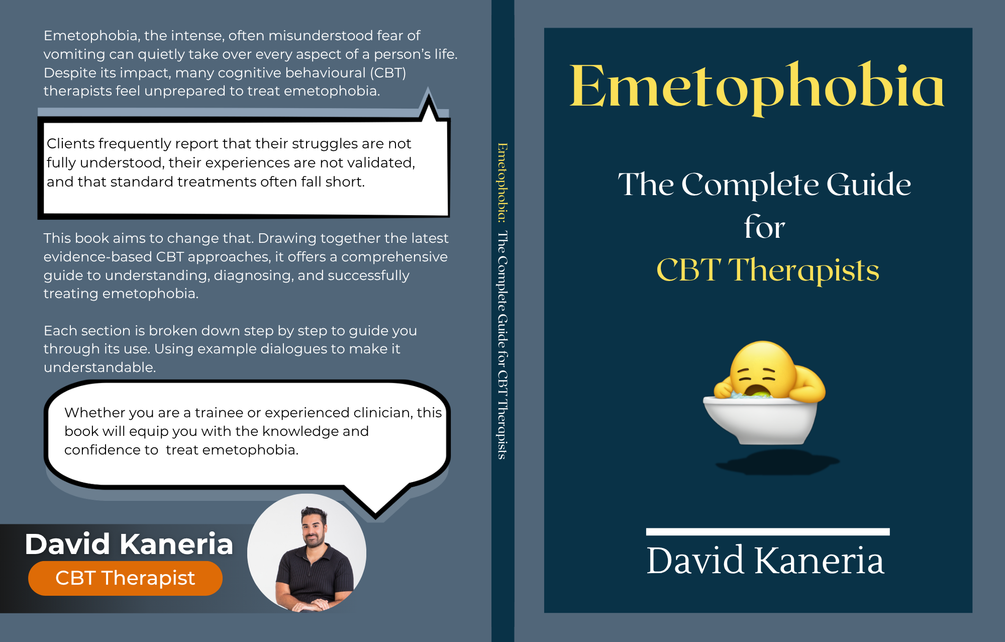 The front and back cover of a textbook called Emetophobia: The Complete Guide for CBT Therapists