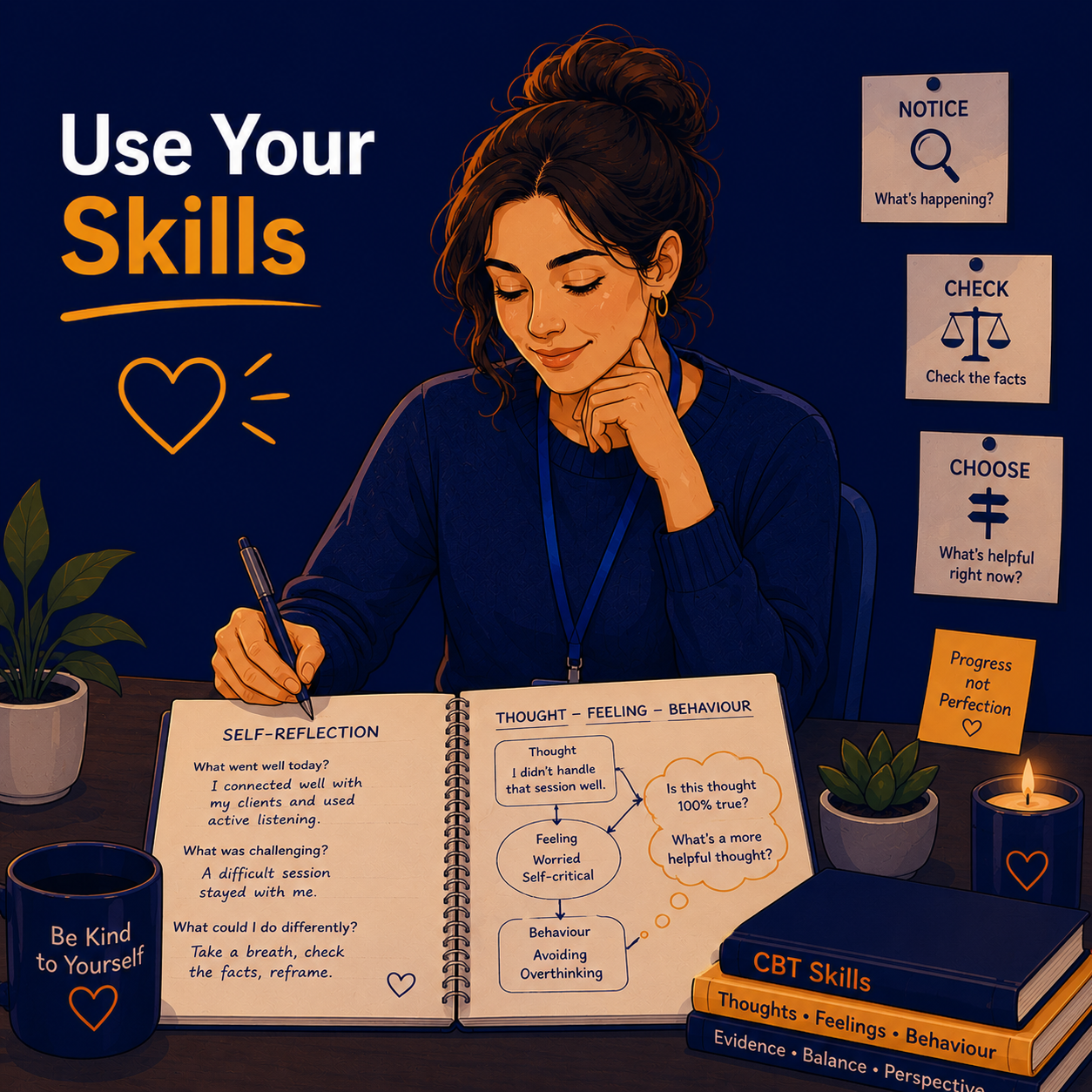 Female Psychological Wellbeing Practitioner completing a self-reflection worksheet and using CBT techniques to support her own wellbeing, illustrating the importance of practising the skills taught to patients.
