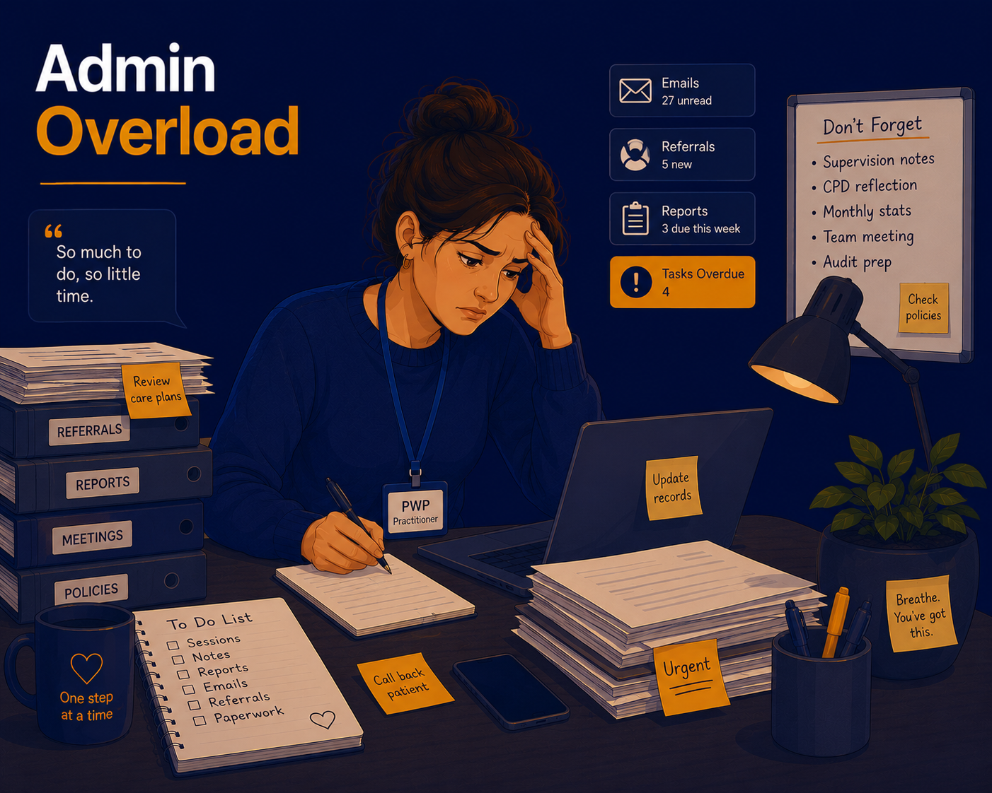 Female Psychological Wellbeing Practitioner sitting at a desk surrounded by emails, paperwork, referrals, and administrative tasks, illustrating admin overload and difficulty keeping on top of workload as a sign of burnout.