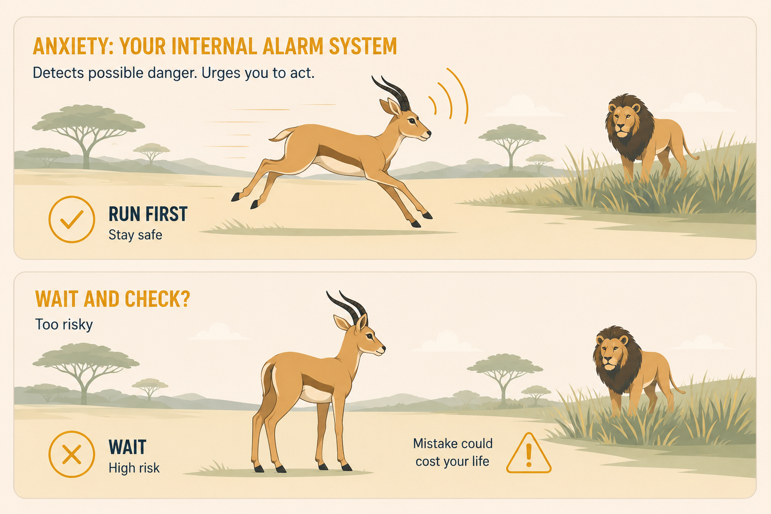 Illustration explaining anxiety as the body's warning system, designed to alert us when we perceive a possible threat.