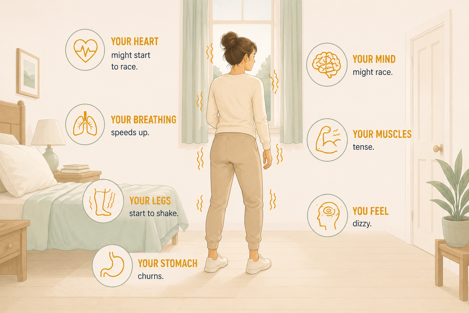 Illustration showing normal fight or flight symptoms including a racing heart, faster breathing, shaking, muscle tension, dizziness and nausea.