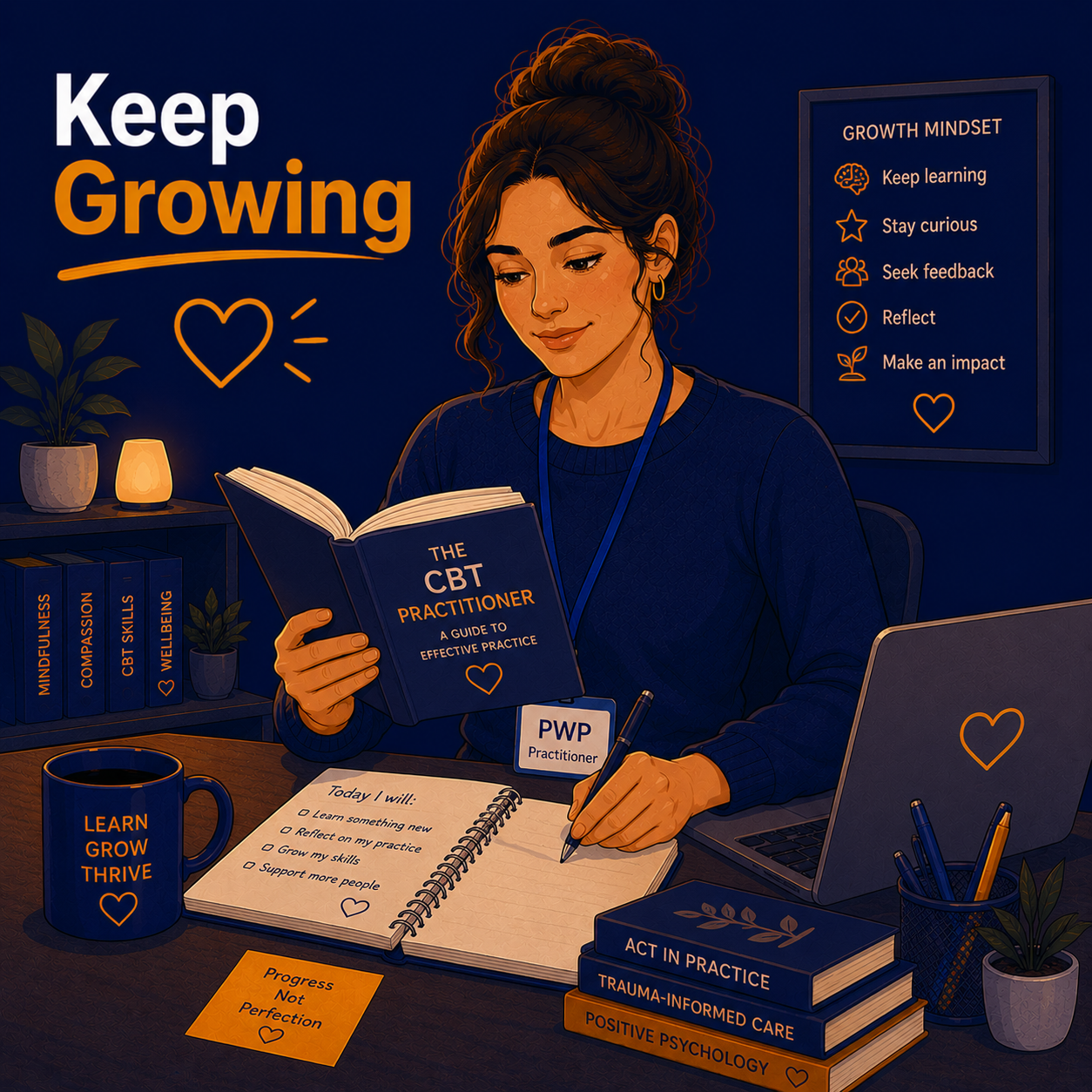Female Psychological Wellbeing Practitioner reading a professional development book and reflecting on her practice, illustrating continuous learning, confidence building, and career growth