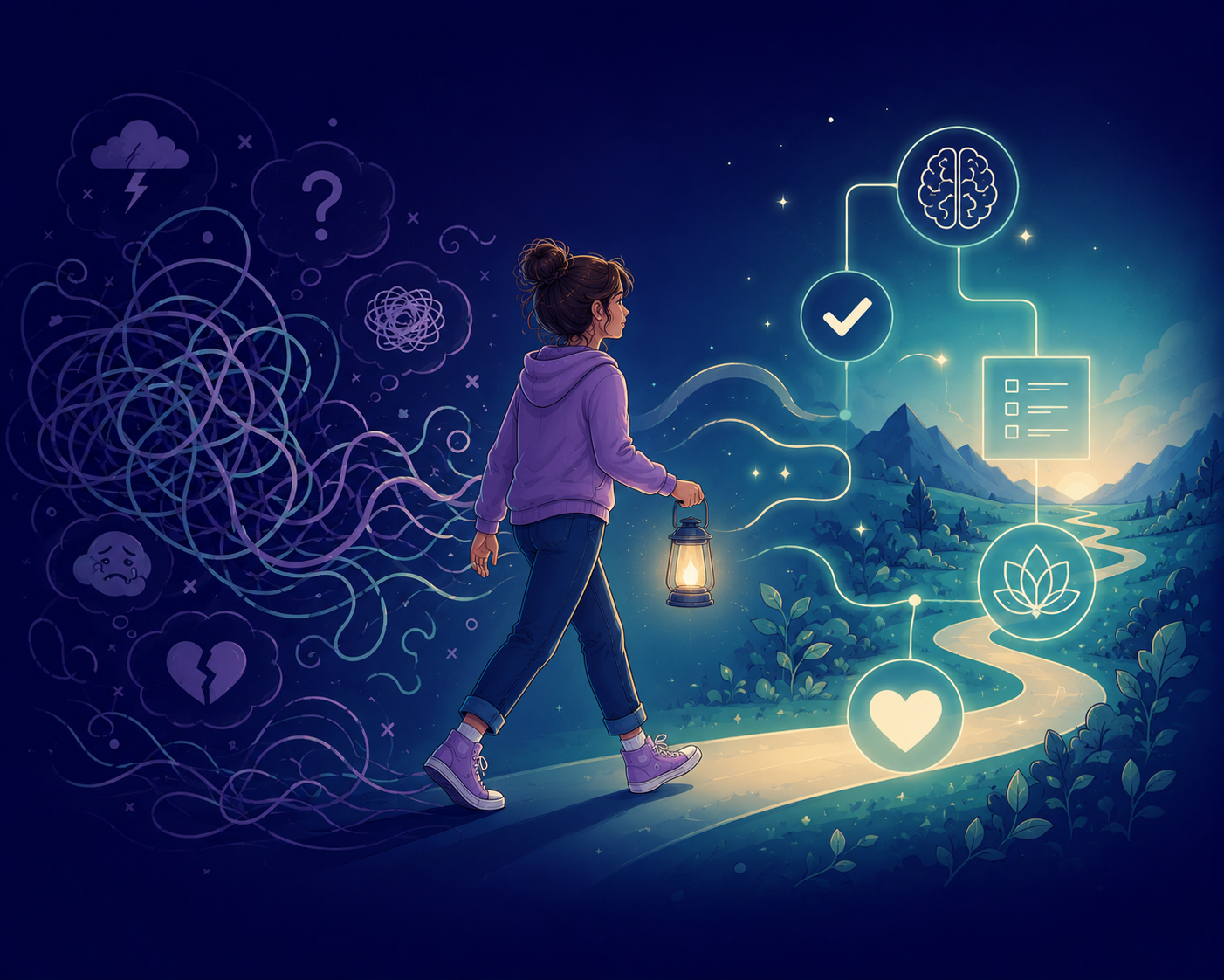 A young girl walking away from anxiety