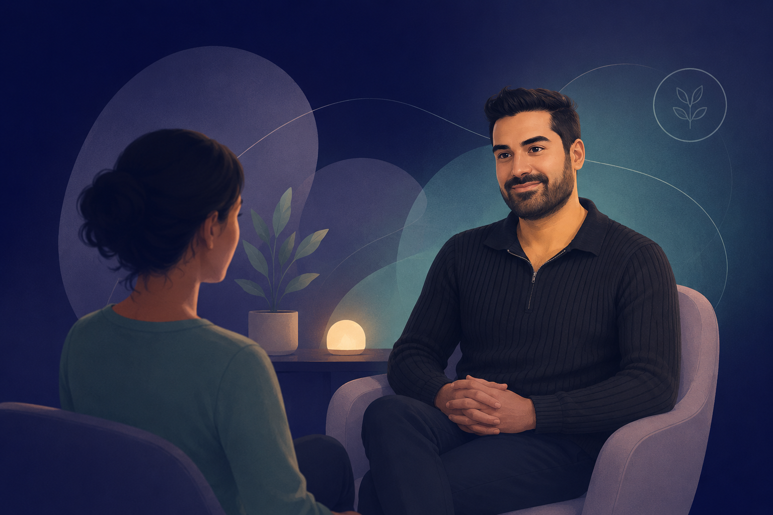 An image of david kaneria - emetophobia expert sitting and talking with a client