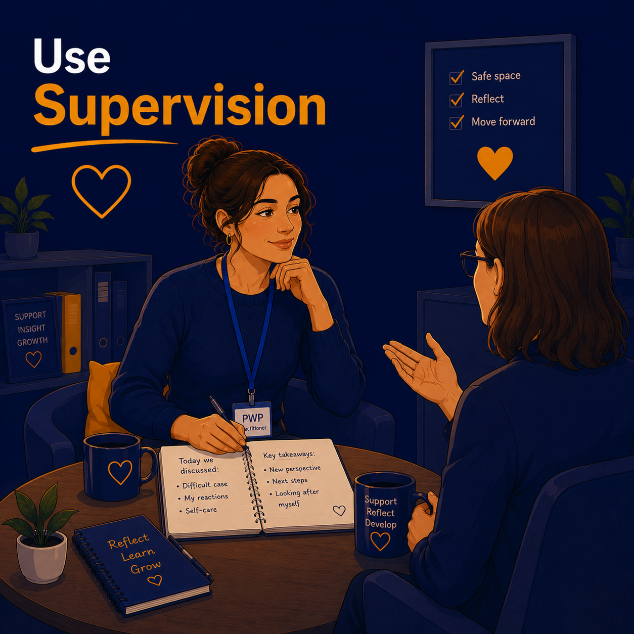 Female Psychological Wellbeing Practitioner participating in a supportive clinical supervision session, discussing wellbeing, self-care, and professional development with a supervisor.