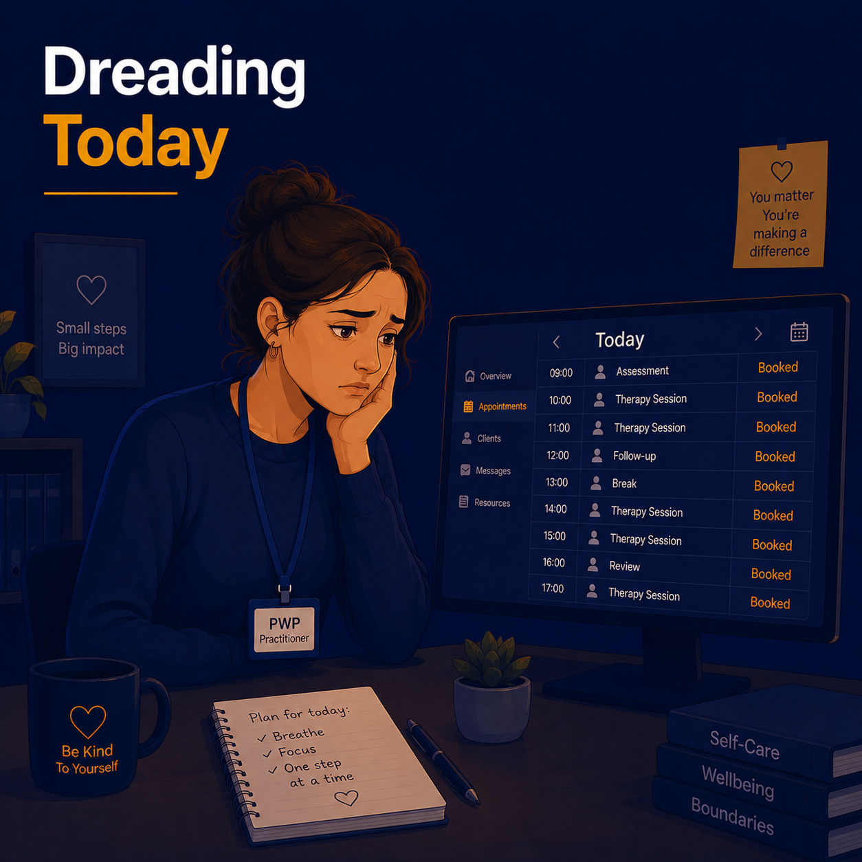 Female Psychological Wellbeing Practitioner looking overwhelmed at a fully booked appointment schedule, illustrating anxiety and dread before the working day as a sign of burnout.