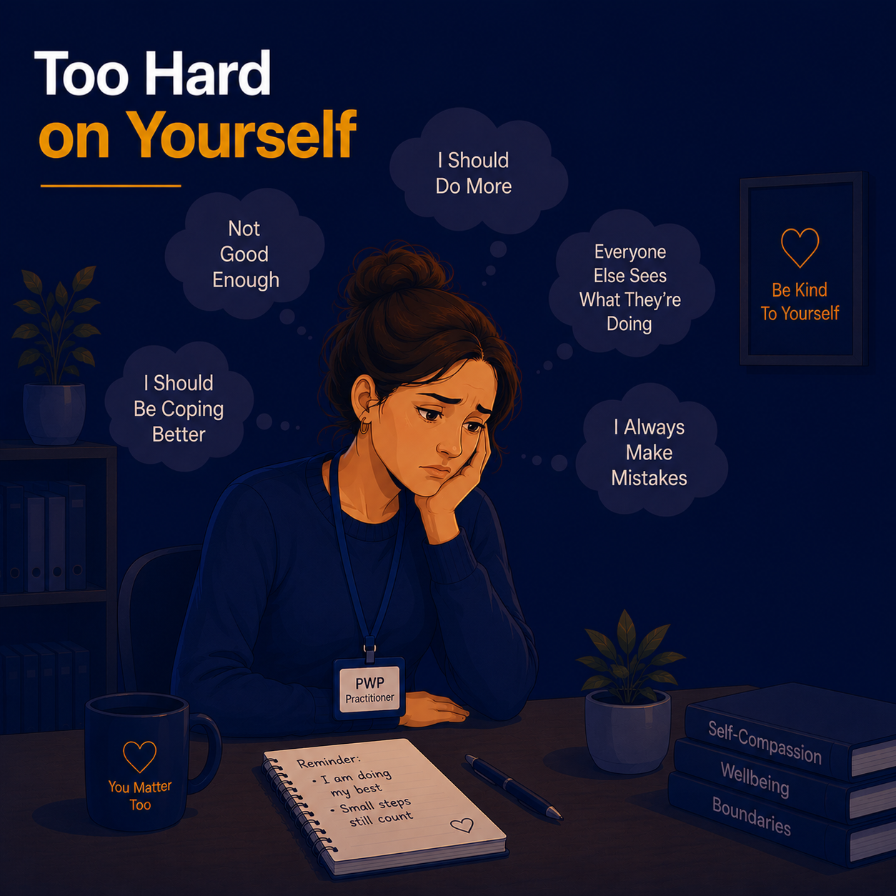 Female Psychological Wellbeing Practitioner sitting alone with self-critical thoughts such as 'Not Good Enough' and 'I Should Do More', illustrating negative self-talk as a sign of burnout.