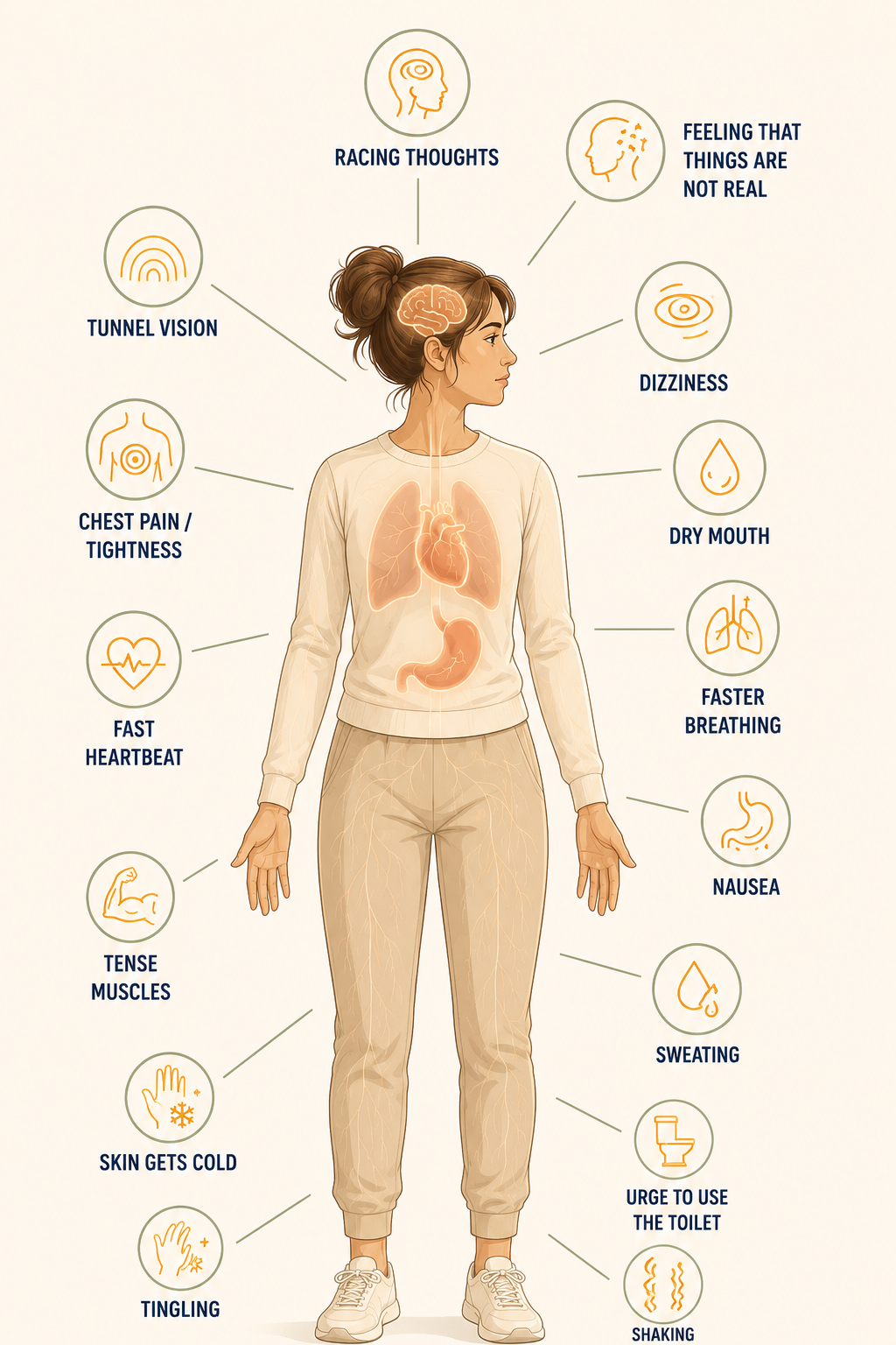 Illustration explaining how physical symptoms of anxiety are produced by the fight or flight response.