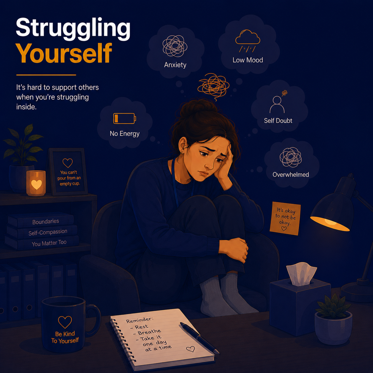 Female Psychological Wellbeing Practitioner sitting alone looking overwhelmed and low in mood, with symbols representing anxiety, depression, self-doubt, and emotional exhaustion as signs of burnout.