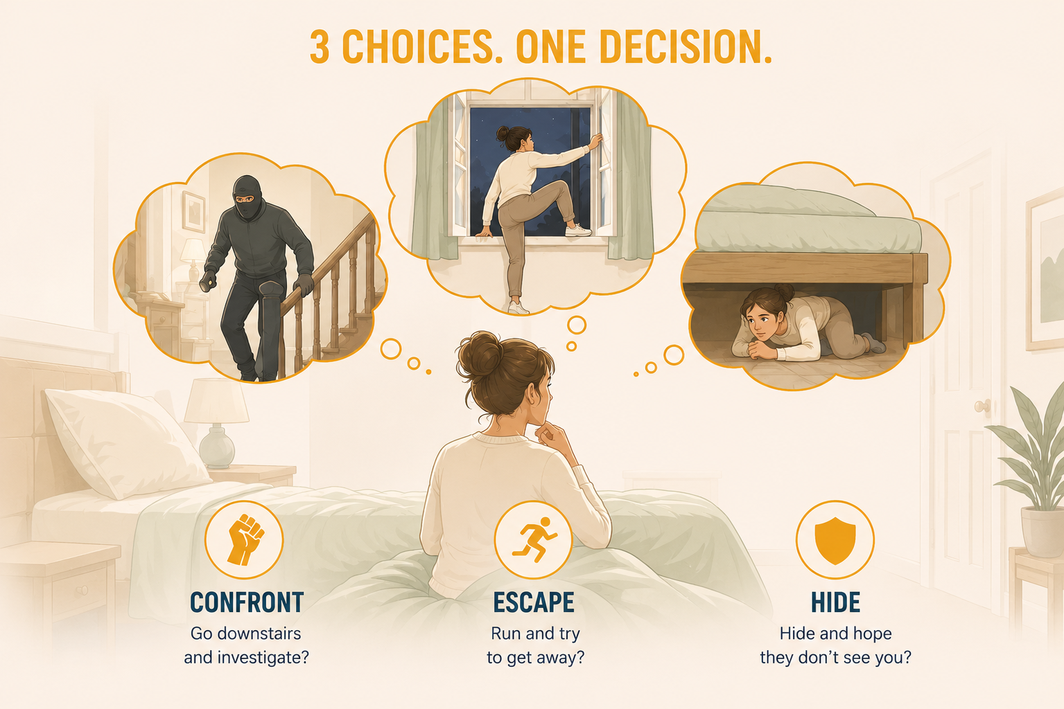 Illustration of hearing a possible burglar at night, demonstrating how perceived danger activates the body's fight or flight response.