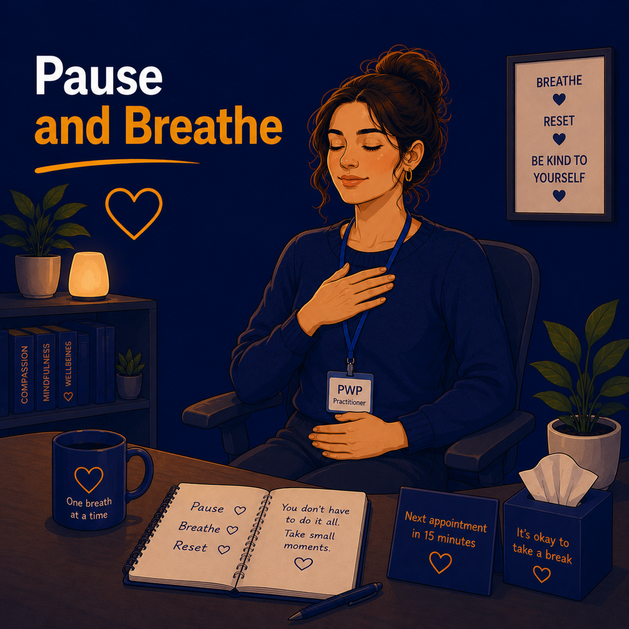 Female Psychological Wellbeing Practitioner practising mindful breathing between appointments, demonstrating a simple mindfulness technique to reduce stress and support wellbeing.