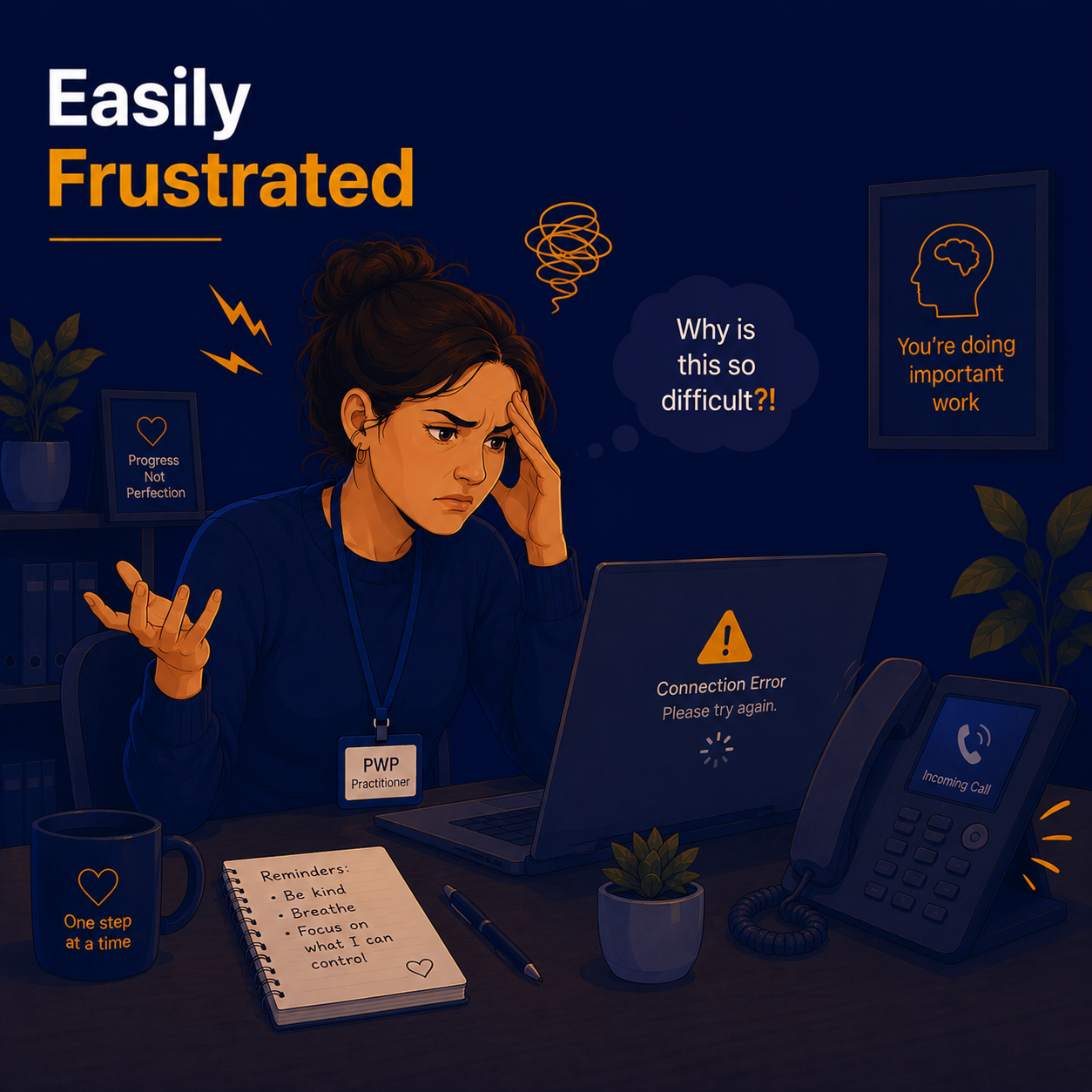 Female Psychological Wellbeing Practitioner appearing frustrated by a computer error and ringing phone, illustrating increased irritability and reduced tolerance for everyday workplace stress as a sign of burnout.